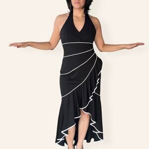 NIKI Black Halter Dress w/ White Trim – Y2K Ruffle Hem, Large